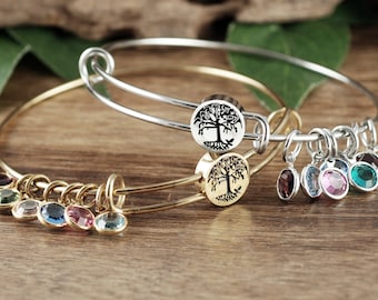 Personalized Bangle Bracelet with Birthstones, Grandmother Bracelet with Charms, Custom Tree of Life Bracelet, Charm Bracelet for Women