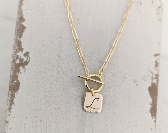 Personalized Gold Initial Necklace, Paperclip Chain Necklace, Gold Initials, Script Initial Disc, Gold Initial Charms, Couples Necklace