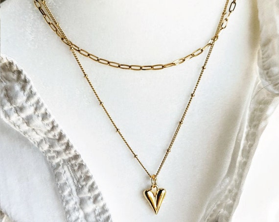 Sterling Silver Puffed Heart Necklace, Gold Paperclip Chain, Heart Necklace, Heart Jewelry, Elongated Heart, Gift for Girlfriend