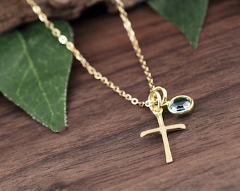 Gold Cross Necklace with Birthstone, Sterling Silver Cross Necklace, Personalized Cross Necklace, Communion Jewelry, Confirmation Gift