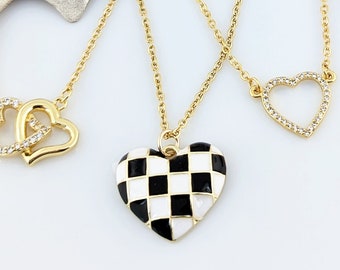 Checkered Heart Necklace, Heart Jewelry, Heart Pendant, Love Necklace, Anniversary Gift, Chain Necklace, Valentines Necklace