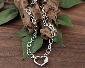 Heart Link Necklace, Clasp Chain Link Necklace, Silver Carabiner Necklace, Carabiner Lock Necklace, Necklaces for Women, Chain Necklace