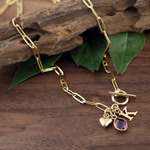 Personalized Birthstone Jewelry, Initial Necklace, Personalized Paperclip Necklace, Chain Link Necklace, Paperclip Chain, Layering Necklace