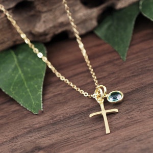 Gold Cross Necklace with Birthstone, Sterling Silver Cross Necklace, Personalized Cross Necklace, Communion Jewelry, Confirmation Gift