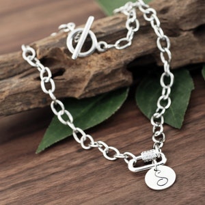 Carabiner Chain Link Necklace, Screw Clasp Chain Link Necklace, Carabiner Jewelry, Silver Initial Necklace with Toggle, Paperclip Chain