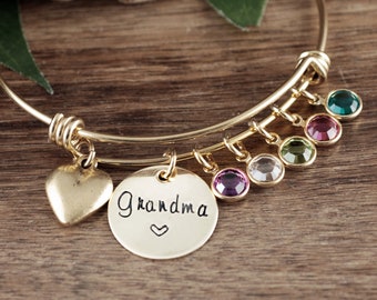 Personalized Grandma Bracelet with Birthstones, Custom Bangle Bracelet with Charms, Charm Bracelet for Women, Grandmother Birthstone Jewelry