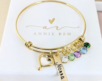 Personalized Grandma Bracelet, Birthstone Bracelet for Grandma, Bangle Bracelet with Charms, Charm Bracelet for Women, Grandmother Jewelry