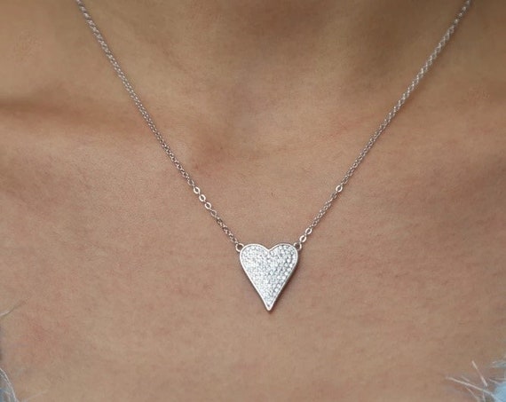 Sterling Silver Pave Heart, Pendant Necklace, Elongated Heart Necklace, Pave Heart Necklace, Anniversary Gift, CZ Heart, Crystal Heart