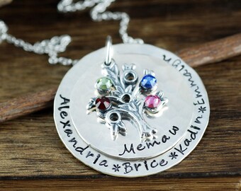 Family Tree Grandmother Necklace, Hand Stamped Necklace, Personalized Sterling Silver Necklace, Tree of Life Jewelry, Gift for Grandma