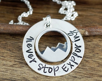 Never Stop Exploring, Mountain Necklace, Nature Jewelry, Pine Tree Necklace, Tree and Mountain Necklace, Adventure Jewelry