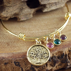 Gold Family Tree Bangle Bracelet, Gold Tree of Life Bracelet, Gold Tree Bangle Bracelet, Birthstone Charm Bracelet, Tree of Life Bangle