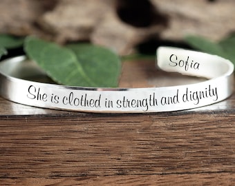 She is clothed in strength and dignity Bracelet, Religious Quote Bracelet, Inspirational Bracelet, Spiritual Gift, Religious Jewelry