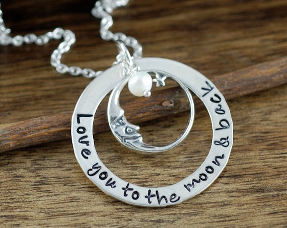 Love you to the Moon and Back Necklace, Personalized Daughter Necklace, Hand Stamped Jewelry,  Mommy Necklace, Gift for Mom