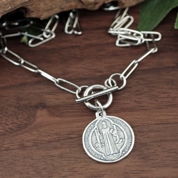 Sterling Silver Charm St. Benedict, Paperclip Chain Necklace, Christian Jewelry, Religious Necklace, Silver Coin Necklace, Saint Benedict