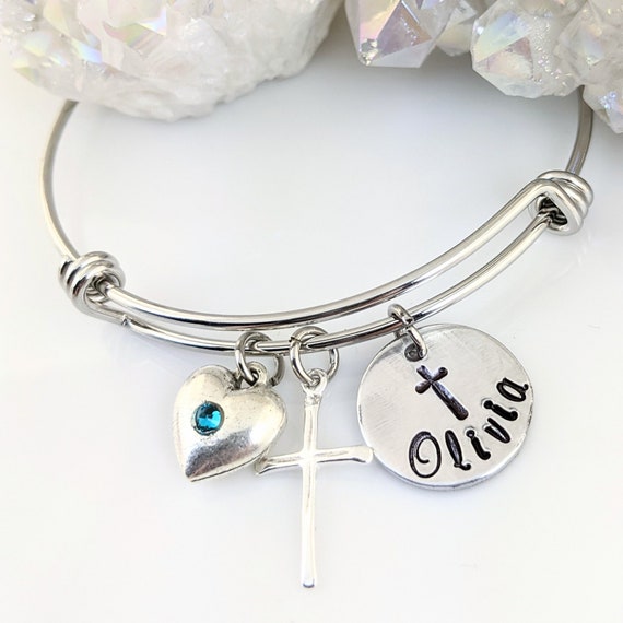 Personalized Confirmation GIft, Confirmation Bracelet, Faith Bracelet, Custom Name Bracelet, Bible Verse Bangle Bracelet, Cross Bracelet