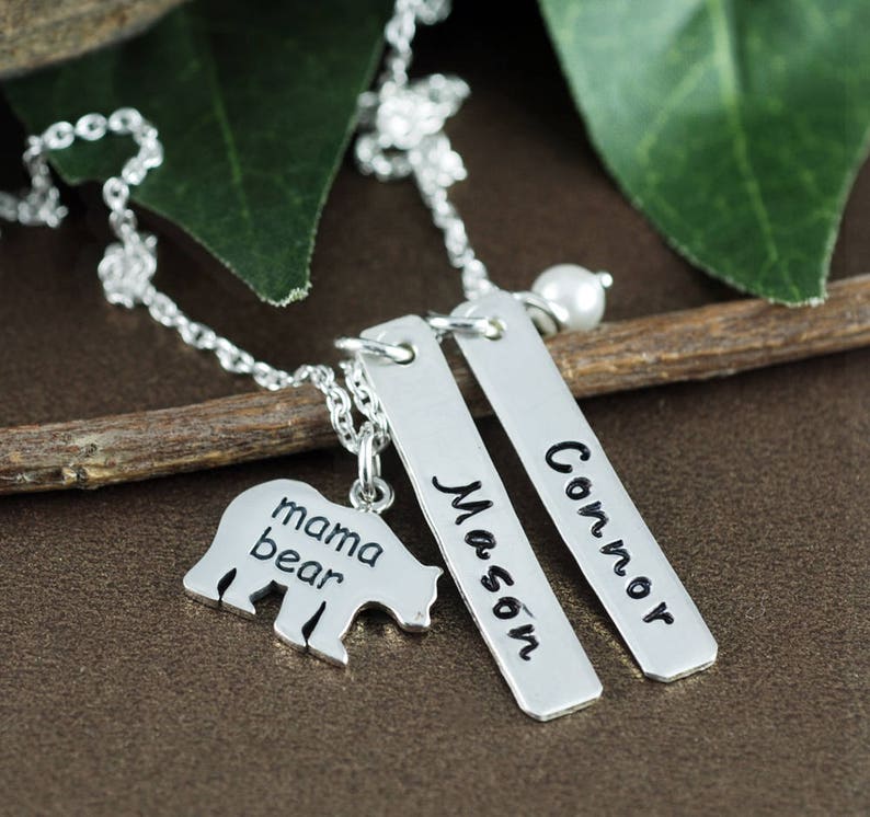 Mama Bear Name Necklace Mother Daughter Necklace Hand Stamped Mom Necklace Kids Names Bear Jewelry Gift for Mom Mothers Day Gift