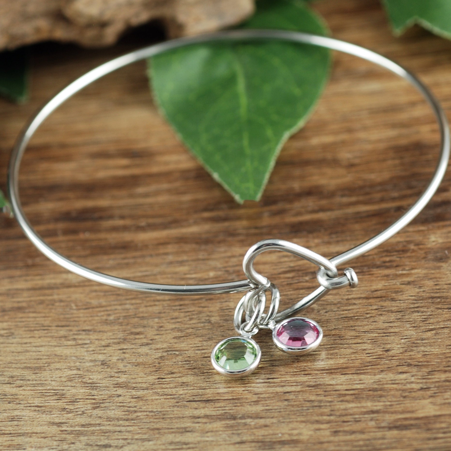 Birthstone Heart Bangle Bracelet, Stainless Steel Bangle