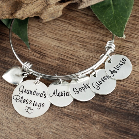 Name Bracelet, Personalized Grandmother Blessings jewelry , Gift from Grandchildren, Bangle Charm Bracelet, Charm Bracelet for Women