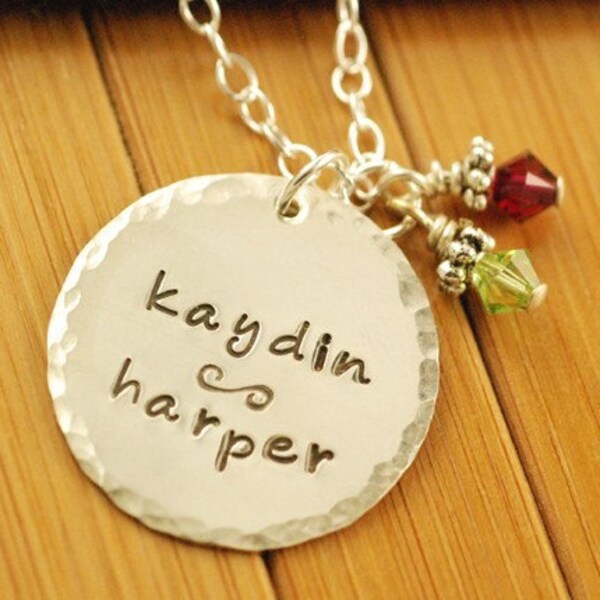 HAMMERED EDGE STERLING SILVER DISC with BIRTHSTONES Sterling Silver Hand Stamped Necklace