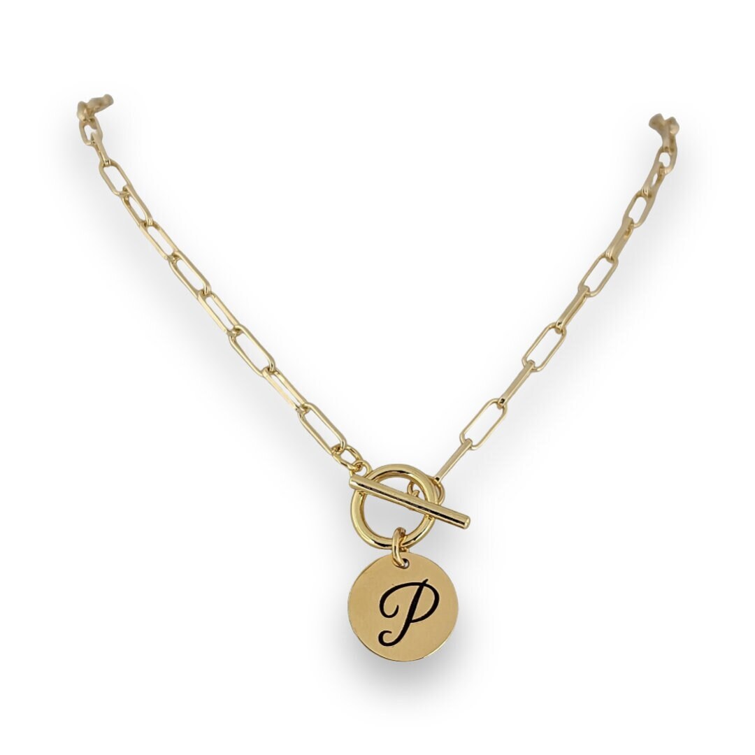 Personalized monogram disc bracelet with toggle and paper clip chain -  Choose Metal