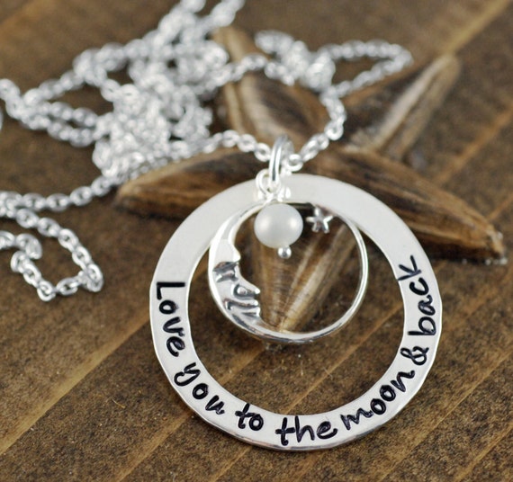 Love you to the Moon and Back Necklace, Personalized Moon and Back Necklace, Hand Stamped Jewelry, Mommy Necklace, Gift for Daughter