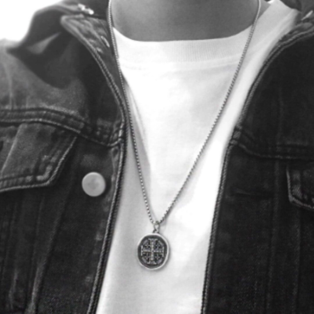 Men's Cross Necklace, Greek Cross Necklace, Jerusalem Cross Coin Necklace, Religious Men's