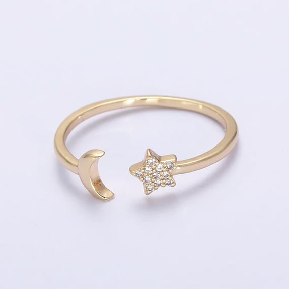 Gold CZ Moon Star Ring, Sterling Silver Moon and Star Ring, Ring for Women, Crescent Moon & Star, Solid 925 Sterling Silver Moon Ring