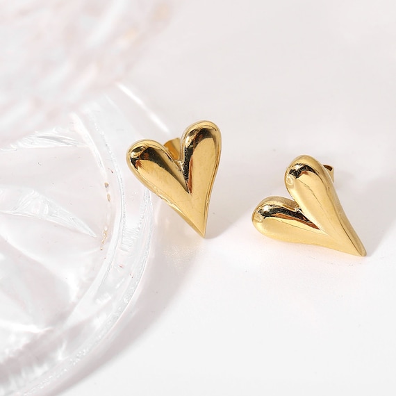 Heart Earrings, Heart Stud Earrings, 14kt Gold Plated Stainless Steel Earrings, Mother's Day Gift, Gift for Her, Stacking Gold Earrings