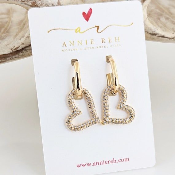 Cubic Zirconia Heart Earrings, Crystal Heart Dangling Earrings, Mother's Day Gift, Heart Pave Earrings, Gold Plated Earrings