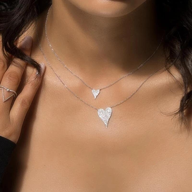 Sterling Silver Pave Heart Pendant Necklace Elongated Heart