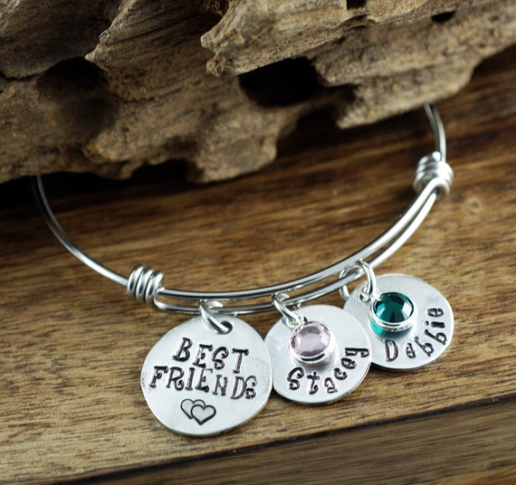 Personalized Bangle Bracelet, Best Friends Bracelet,  Silver Bangle Charm Bracelet, Name Bracelet, Gift for Best Friend, BFF Bracelet