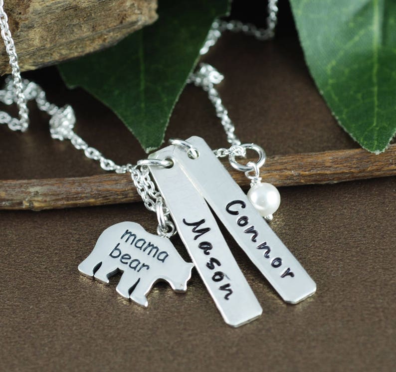 Mama Bear Name Necklace Mother Daughter Necklace Hand Stamped Mom Necklace Kids Names Bear Jewelry Gift for Mom Mothers Day Gift