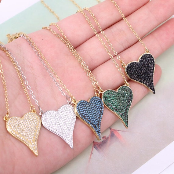 Colorful CZ Heart Pendant Necklace, Trendy Crystal Zircon Heart, Micro Pave Heart, Elongated Heart, Crystal Heart Necklace