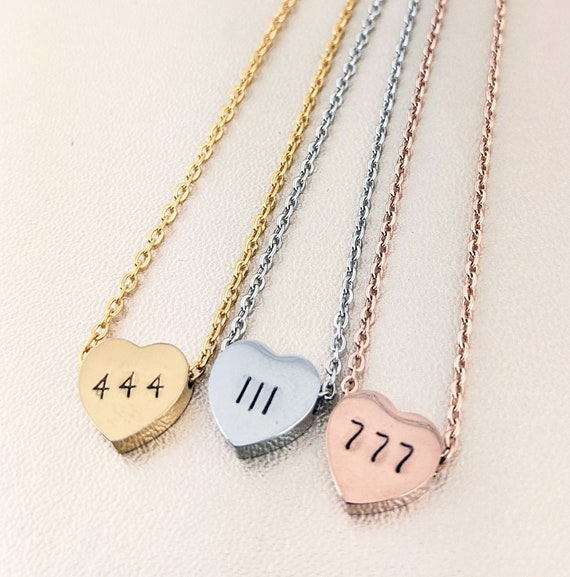 Angel Number Hand Stamped Necklace- Numerology 111, 222, 333, 444, 555, 666, 777, 888, 999, 1111, Heart Necklace, Stainless Steel