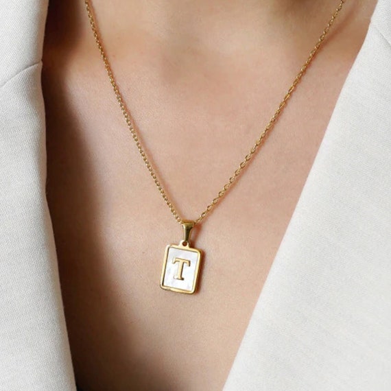 Shell Initial Necklace, Initial Pendant Necklace, Layer Necklace, Letter Necklace, Necklace Gift for Her, Initial Necklace, 18K Plated