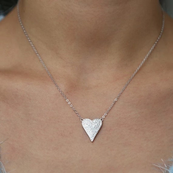 Sterling Silver Pave Heart, Pendant Necklace, Elongated Heart Necklace, Pave Heart Necklace, Anniversary Gift, CZ Heart, Crystal Heart