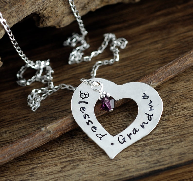 Grandmother Necklace Gift for Grandma Grandma Jewelry Hand Stamped Jewelry Blessed Grandma Personalized Silver Heart Necklace