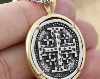 Greek Cross Necklace, Men's Cross Necklace, Jerusalem Cross Coin Necklace, Religious Men's Necklace, Religious Pendant Necklace,