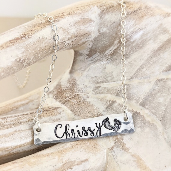 Personalized Necklace for Mom, Baby Name Necklace, New Mom Necklace, Baby Feet Necklace, Name Bar Necklace, Mom Jewelry, Mother's Day Gift