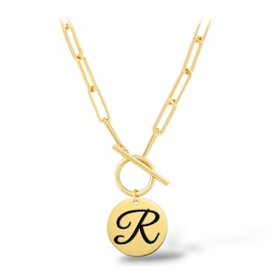 Gold or Silver Paperclip Chain Initial Necklace – Personalized Toggle Clasp Letter Pendant – Custom Monogram Jewelry Gift for Women