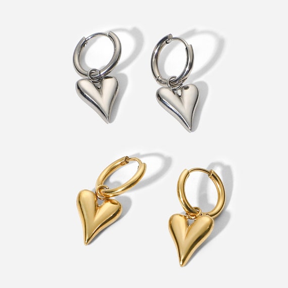 Dangling Heart Earrings, Hoop Earrings with Heart, 14kt Gold Plated Stainless Steel Earrings, Mother's Day Gift, Jewelry Gift for Her