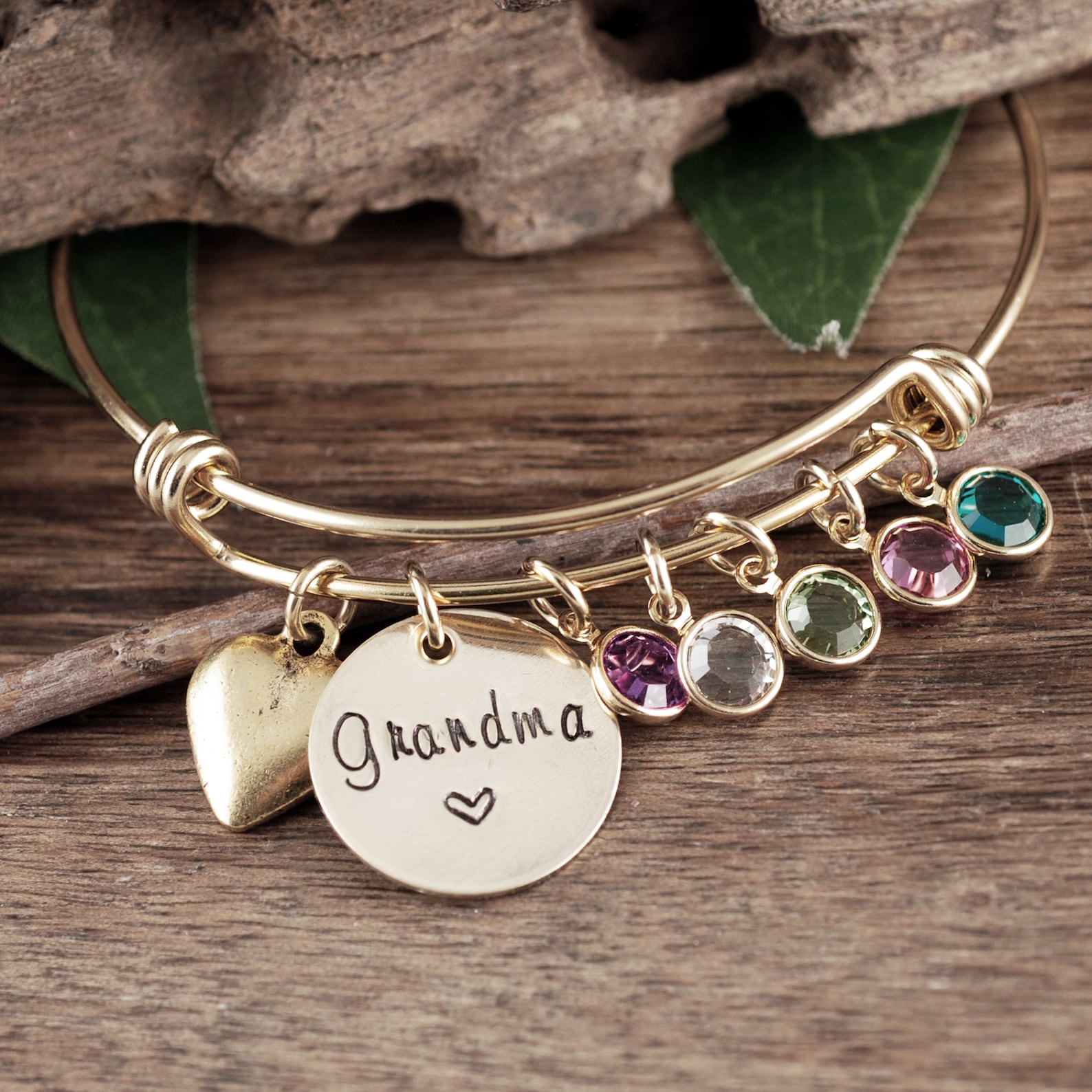 Personalized Inspirational Bracelet With 2-6 Simulated Birthstones & Custom Name Charms – Mother Daughter Jewelry Gift, Silver Bangle