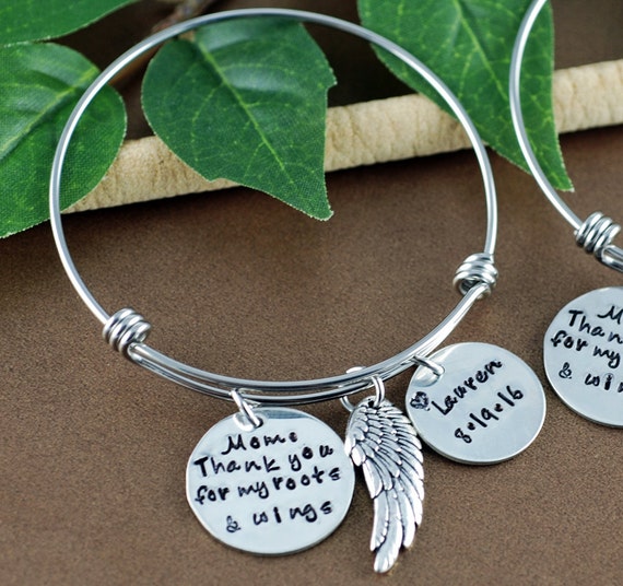 Mom Thank You for my Roots and Wings, Bridal Gift for mom, Bracelet for Mom, Personalized Bracelet for Mom, Hand Stamped Bracelet