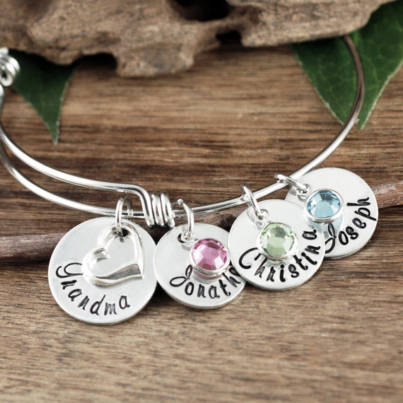 Personalized Jewelry for Grandma with Names, Bangle Bracelet with Charms, Custom Bracelets for Women, Hand Stamped Charm Bracelet for Her