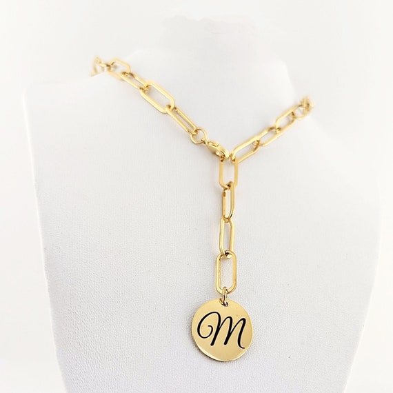 Personalized Lariat Initial Necklace, Large Paperclip Initial Necklace, Silver Initials, Script Initial Jewelry, Gold Initial Charms