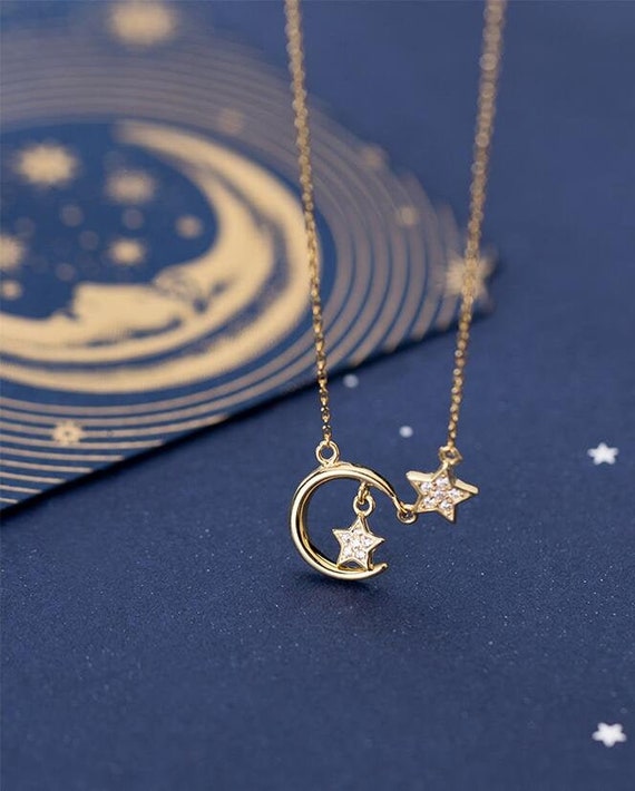 Sterling Silver Moon and Star Necklace, Star Charm Necklace, Clavicle Necklace, Minimalist Necklace, Celestial Moon & Star Pendant