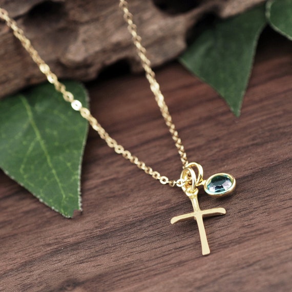 Gold Cross Necklace With Birthstone 