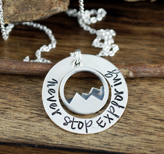 Never Stop Exploring, Mountain Necklace, Nature Jewelry, Pine Tree Necklace, Tree and Mountain Necklace, Adventure Jewelry