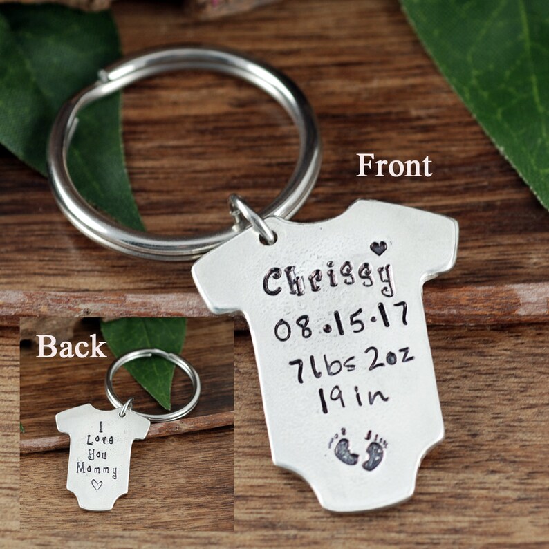 Baby Stats Keychain, New Baby Gift for Mom, Baby Announcement, Baby Statistics, Onesie Keychain, GIft for Dad, Baby Weight, Time, Date image 1