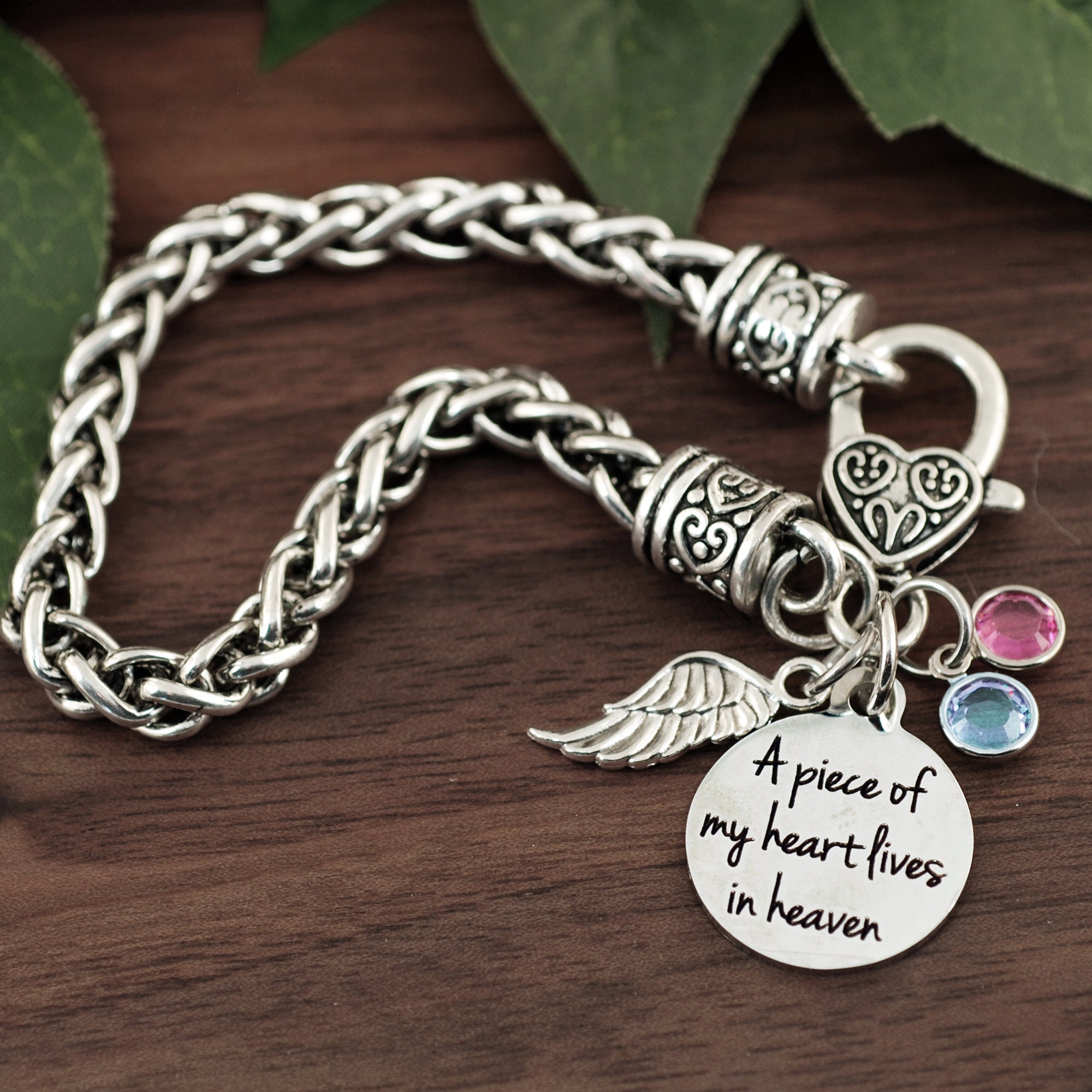 Silver Tone Love Snake Chain Pink Crystal Beaded Charm Bracelet With A Piece Of My Heart Is In Heaven Memorial Jewelry Y807 Pink